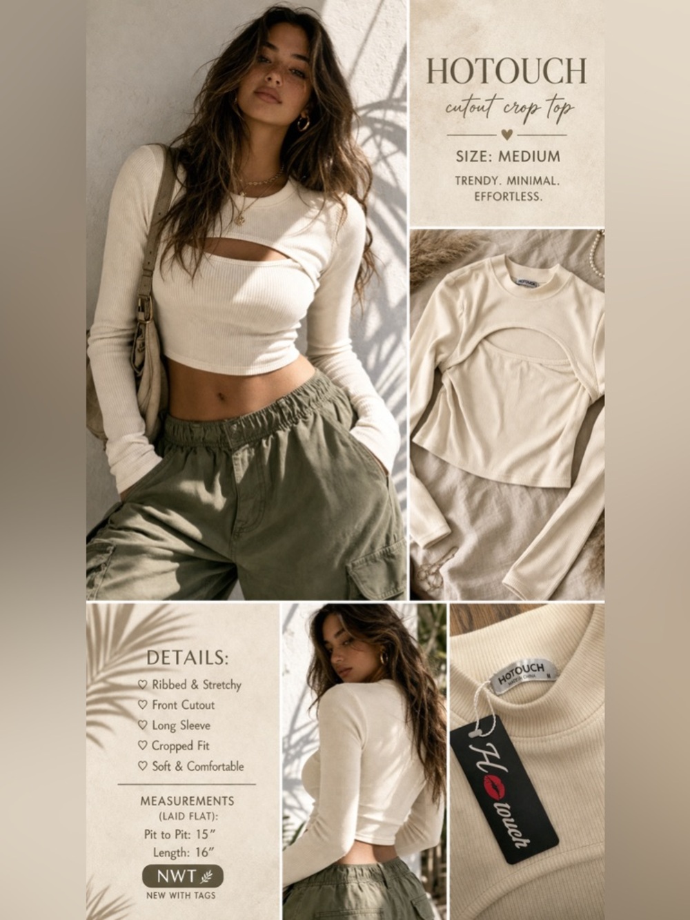 Hotouch Ribbed Cutout Crop Top Medium Cream Long Sleeve Fitted Trendy Top NWT